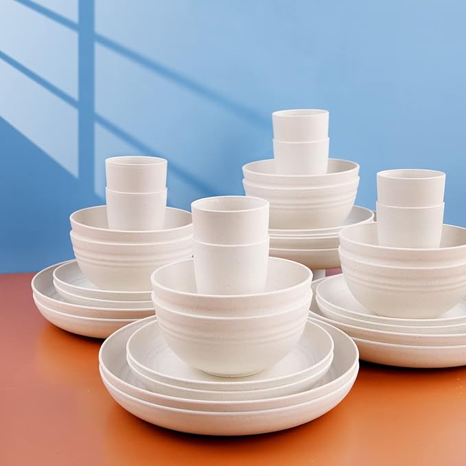 Supernal Wheat Straw Dinnerware Sets,Dish Sets for 8,Plates and Bowls Set Dishwasher Safe,Unbreakable Dinnerware,Reusable Plastic Plates,Beige Color 16pcs Plates, 8pcs Bowls, 8pcs Cups.