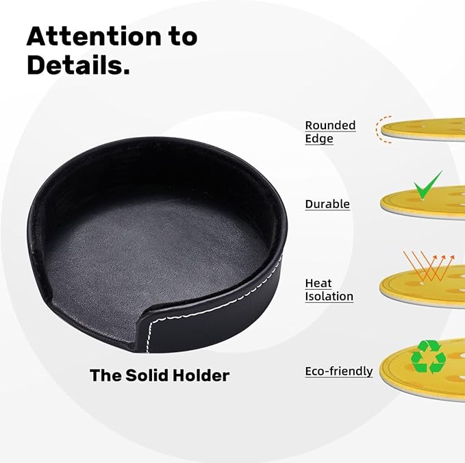Pickleball Coasters for Drinks with Holder Round Leather Coasters Set of 6 Cups Mugs Mat Pad for Home Kitchen Bar