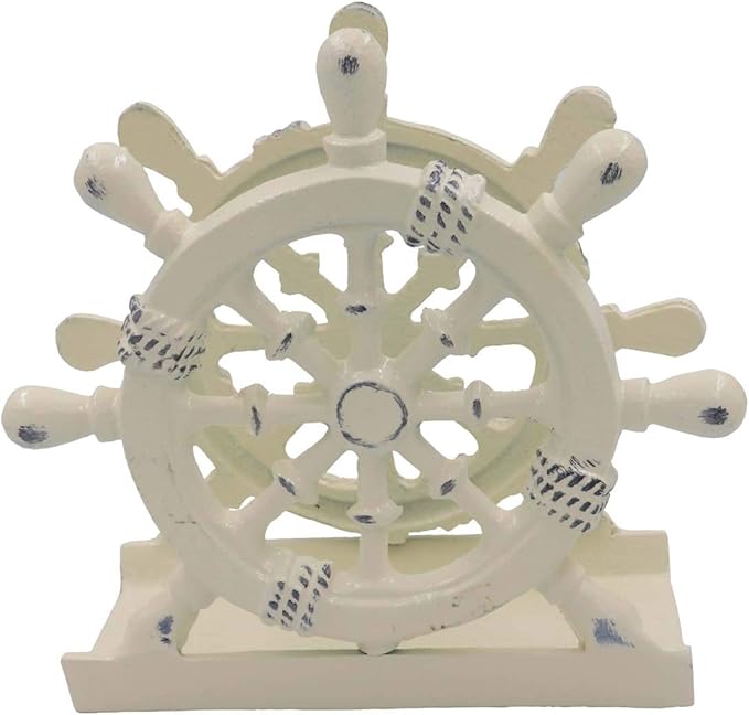 THDC Nautical Napkin Holder, Lunch, Dinner, Nautical Collection Napkin Holder, Made of Metal (Wheel Distressed Ivory)