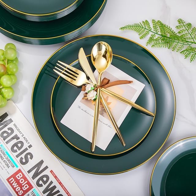 I00000 150Pcs Green Plastic Plates with Gold Rim, Fancy Disposable Plates,Green Plates Set include 30 Dinner Plate,30 Dessert Plate, 90 Plastic Silverware Set for Wedding&Party