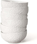 Artena Ceramic Cereal Bowls 26 OZ, Embossment Soup Bowls for Kitchen, Rice, Pasta, Salad, Breakfast, Lunch, Dinner - 6 Inch, Set of 6, White, Dishwasher & Microwave Safe, Flower