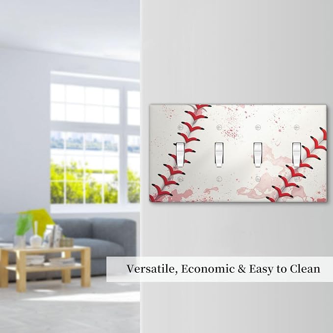 Light Switch Cover Baseball Sports Ball Game 4 Gang Switch Plate Quad Toggle Wall Plates Decorative Switchplate Electrical Outlet Cover for Bathroom Bedroom Decor
