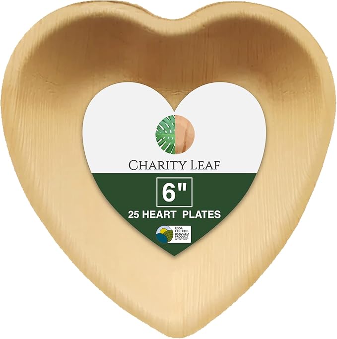 Charity Leaf Disposable Palm Leaf 6" Heart Plates (25 pieces) Bamboo Like Serving Platters, Disposable Boards, Eco-Friendly Dinnerware For Weddings, Catering, Events