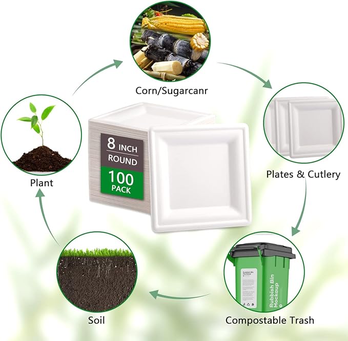 SUT 8-Inch Biodegradable Bagasse Plates, 100 PCS Heavy-Duty Microwaveable, Eco-Friendly Natural Disposable, Made of Sugarcane Fibers, for Party, Picnic
