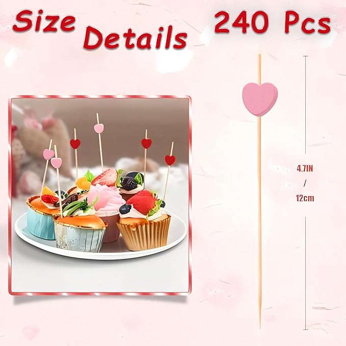 240 PCS Pink Love Heart Shaped Cocktail Picks, 4.7Inch Bamboo Fancy Toothpicks for Appetizers, Cocktail Skewers Sticks Selected for Weddings, Valentines Day, Desserts, Charcuterie, Food, Drinks
