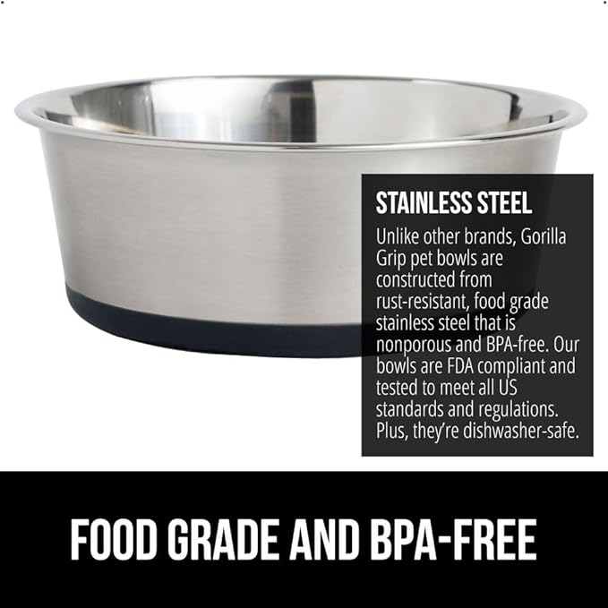 GORILLA GRIP Dog Bowl, Holds 6 Cups (48 fl oz), Heavy Duty Metal Food and Water Bowl for Feeding Dogs and Cats, Easy Clean, Dishwasher Safe, Rust Resistant Stainless Steel, BPA Free Rubber Base, Black