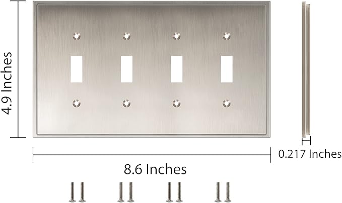 Henne Bery Soft Modern Decorative Wall Plate Switch Plate Outlet Cover (Quad Toggle, Satin Nickel)