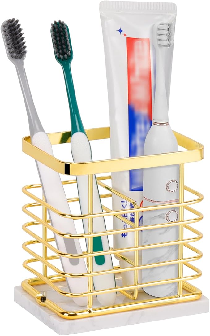 HarJue Toothbrush Holder, Luxurious Metal Toothbrush Toothpaste Holder with Marble Base for Bathroom, Multi-Slots Openwork Design, Bathroom Accessory for Storage and Organizer (Small, Gold)