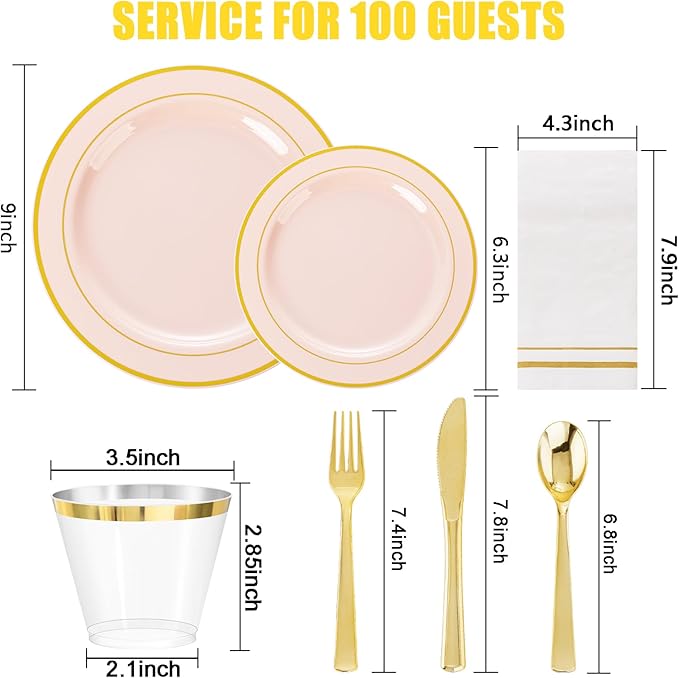 GATHER 700PCS Pink Plastic Plates - Gold Rim Disposable Plastic Dinnerware Set Include 200 Pink Plates, 300 Silverware, 100 Napkins, 100 Cups for Party & Wedding & Valentine's Day