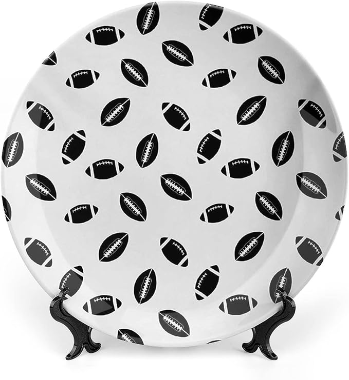 Decorative Plates, American Football Print Ornament, Monochrome Pattern Black Rugby Balls Sports, 8 Inch, Kitchen Wall Decor, Black White