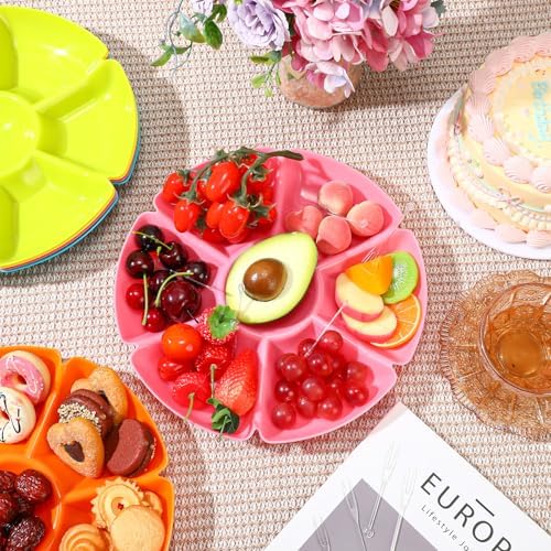 Zhehao 6 Pcs Plastic Divided Serving Trays with 60 Pcs Disposable Fork, 7 Compartments Round Chip Dip Plate, Petal Shape Platter, 10.6'' Snacks Serving Dish for Party Candy Nuts Fruits (Vibrant Color) - Image 5