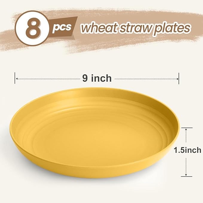 Wheat Straw Plate 9 Inch, Deep Dinner Plates Set of 8, Unbreakable Plastic Plate Reusable, Microwave & Dishwasher Safe Kitchen Plates for Camping, Picnic, Travel, Outdoor (Multi Colors)