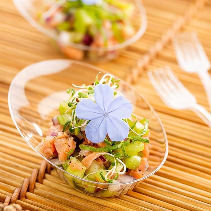 Restaurantware 4 x 2.9 x 1.3 Inch Mini Tasting Dishes 50 Disposable Mini Dessert Dishes - Oval Ellipse Design Clear Plastic Appetizer Dishes Serve Samples or Snacks For Parties or Weddings