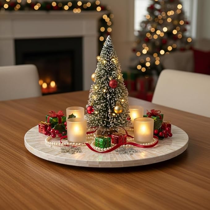 PEMAR 12.6″ Decorative Lazy Susan Turntable, Handcrafted Tray with Mother of Pearl Inlay, 360° Rotating Countertop & Dining Table Organizer, Elegant Home Décor, Housewarming Gift, White Cream Sunlight