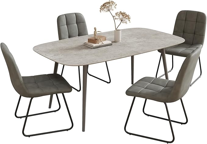 55.1'' Modern Dining Table Set for 4, Gray Wood Table with 4 Faux Leather Chairs, Kitchen & Dining Room Furniture Set, Space-Saving Table and Chairs for Apartment, Home, Small Spaces