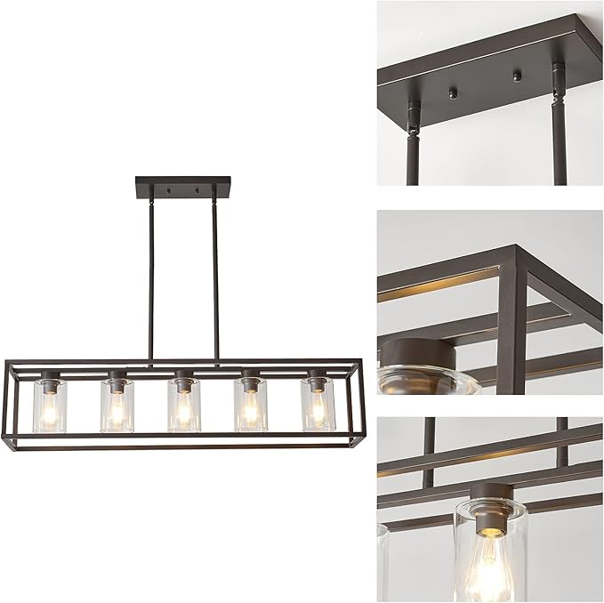 XILICON Oil Rubbed Bronze Farmhouse Chandelier Dining Room Lighting Fixture Hanging 5 Light Kitchen Island Lighting with Glass Shade for Dining Room