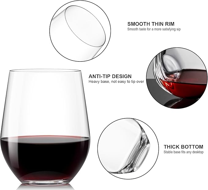 OJA Stemless Wine Glasses Set of 12, 15oz Crystal Red White Wine Glasses, No Stem, Clear, Sturdy Drinking Glass for Daily Use, Birthday, Wedding, Home Party, Anniversary, Shower Gift