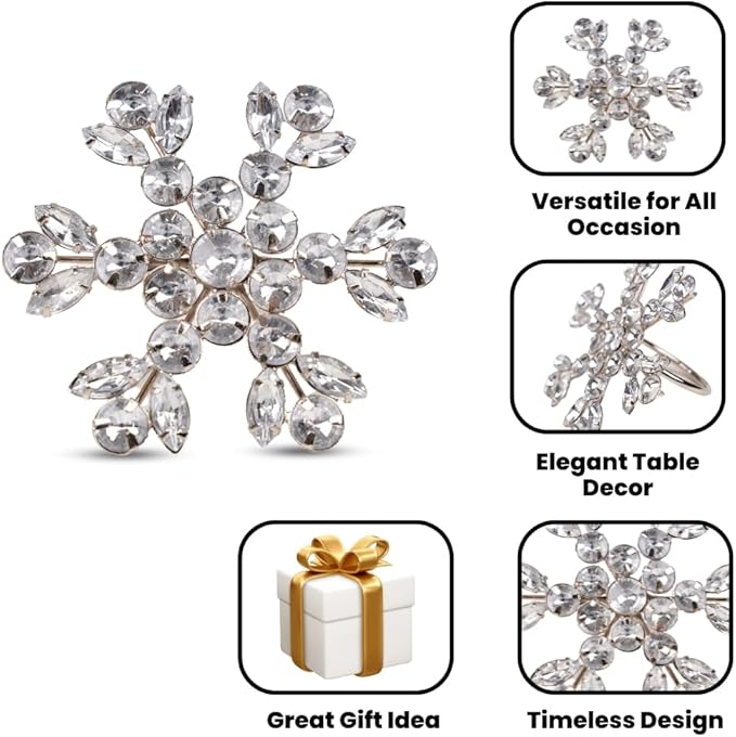 Lightnpro Snowflake Design Plastic Stone Beaded Napkin Rings Set of 6 - Beautiful Fancy Elegant Winter Table Decor for Christmas, Weddings, and Holiday Dinners - Silver