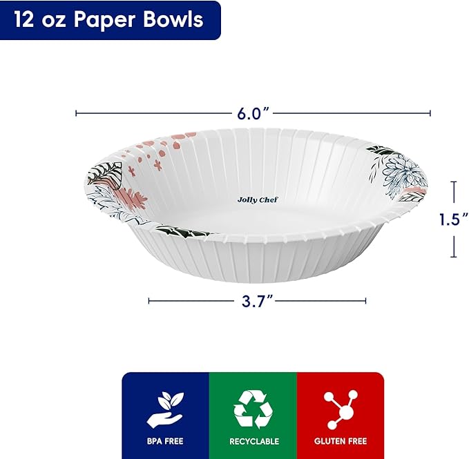 JOLLY CHEF 156 Count Paper Bowls 12 oz Soak Proof and Cut Proof Microwave Safe Heavy Duty Flower Printed Disposable Bowls for Dinner or Lunch
