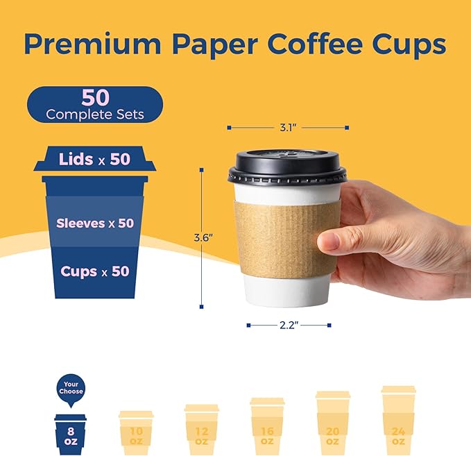 Fit Meal Prep 50 Pack 8 oz Disposable Coffee Cups with Lids, Sleeves, Leak-Proof To Go Coffee Cups with Lids, Durable Paper Cups for Hot Beverage, Home, Office, Party