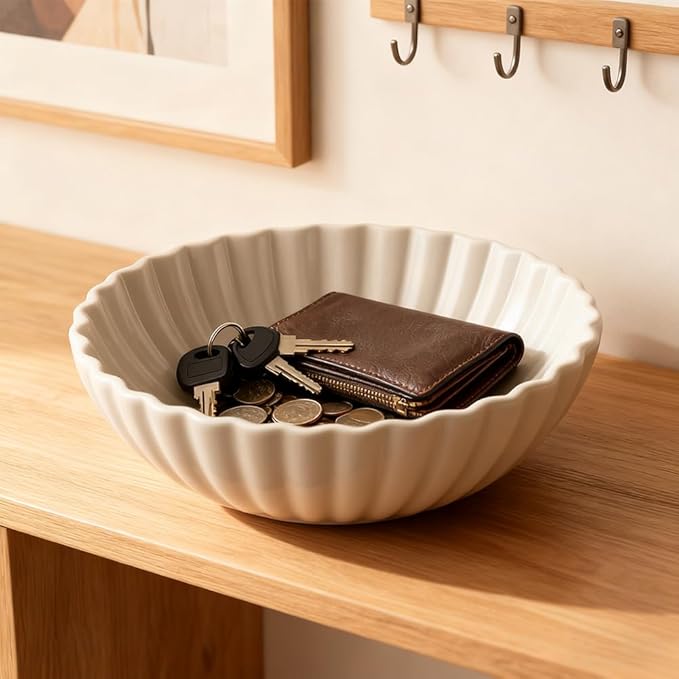 Large White Fluted Decorative Bowl – Modern Ruffle Bowl for Living Room, Kitchen, Entryway & Coffee Table Décor | Functional Decorative Bowl for Keys, Fruit, Storage for Home