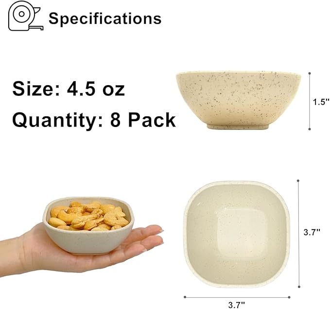 8 Pack Small Bowls, 4.5 OZ Assorted Colors Dipping Sauce Cups, Ice Cream Bowls, Wheat Straw, Unbreakable, Plastic Prep for Side Dishes, Dessert, Snacks