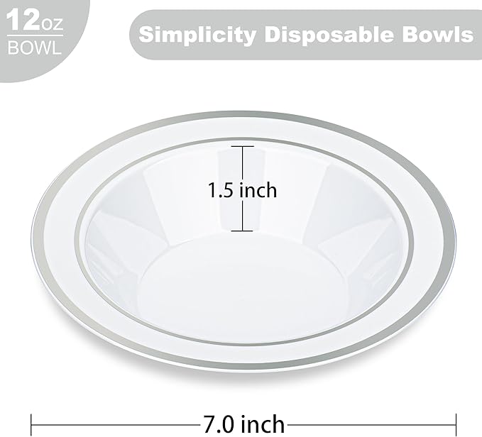 BESTVIP 100 Pack 12 oz Plastic Disposable Soup Bowls, White Dessert Bowls with Silver Rim, Heavy-duty Salad Bowl for Party, Wedding, Christmas, Dinner, Catering