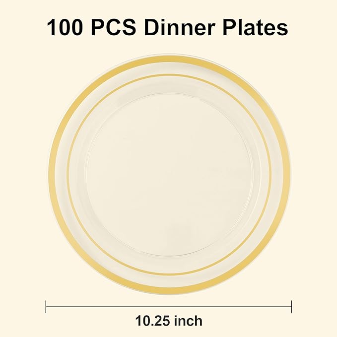 BESTSTAR 100PCS Clear Plastic Plates for Party, 10.25 Inch Disposable Plates with Gold Rim, Heavy Duty Dinner Plates for Christmas, Wedding and Birthday
