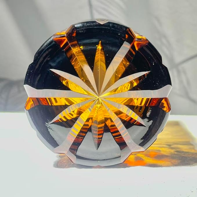 suigetsu Japanese Crystal Whiskey Glass, 10 oz, Amber Black, Engraved Pattern, Old Fashioned Rocks Tumbler with Gift Box (Amber Glow)