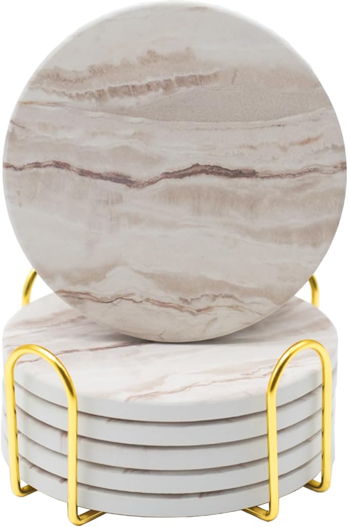 6Pcs Drink Coasters with Holder, Round Marble Style Ceramic Drink Coaster, Absorbent Coaster Set for Home Decor Tabletop Protection, Suitable for Kinds of Cups, Housewarming Gift, 4 Inches