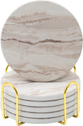 6Pcs Drink Coasters with Holder, Round Marble Style Ceramic Drink Coaster, Absorbent Coaster Set for Home Decor Tabletop Protection, Suitable for Kinds of Cups, Housewarming Gift, 4 Inches