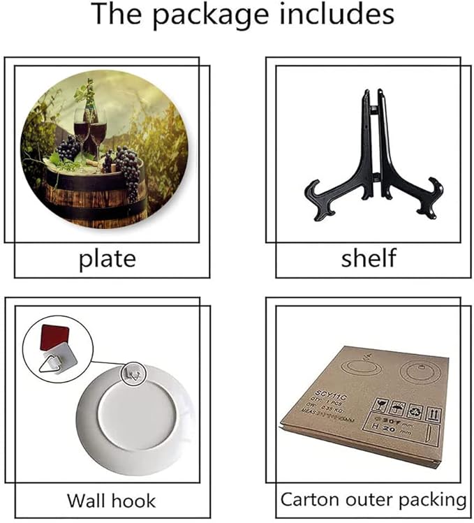 Decorative Plates, Wine Print Ornament, Scenic Tuscany Vineyard, 8 Inch, 1 Plate with 1 Display Stand, Green Black Brown