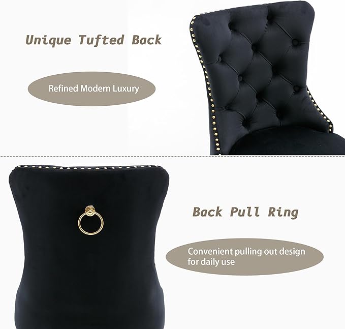 KCC Velvet Dining Chairs Set of 6, Upholstered High-end Tufted Dining Chair with Nailhead Back Ring Pull Trim Stainless Steel Legs, Contemporary Nikki Collection Modern Style for Kitchen, Black