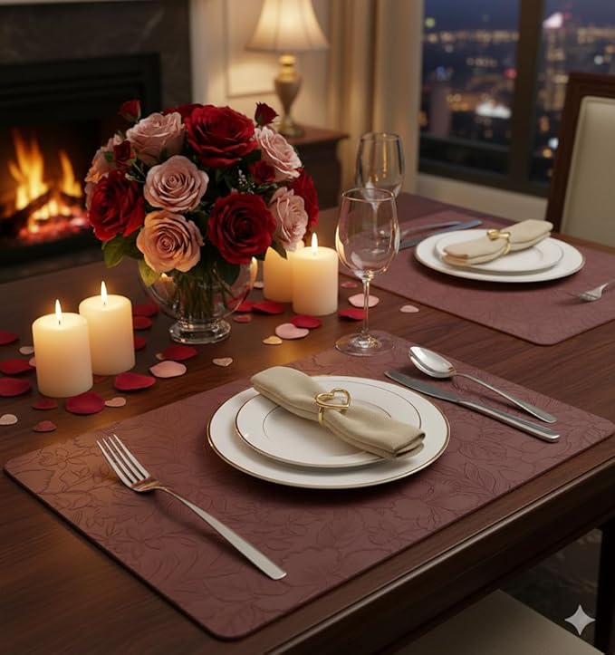 SolaraDawn Faux Leather Placemats Set of 4 Dark Burgundy for Christmas & Valentine's Day, 17" × 12" Waterproof & Heat-Resistant Dining Place Mats, Easy Wash Clean, Wipeable & Anti-Slip Table Mats