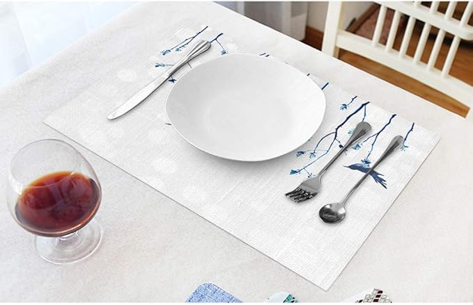 Moslion Watercolor Robin Placemats Animal Birds Sitting On Tree Branch Floral Leaves Nature Table Placemats for Dinning Table Washable Cotton Linen 12x18 Inch, Set of 4…