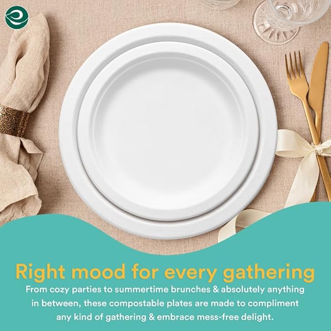 ECO SOUL 9 Inch Compostable Disposable Paper Plates [200 Pack] Food Safe 100% Virgin Bagasse Pulp Heavy Duty Biodegradable Microwave Safe Large Round Dinner Plate for Party, Picnic & BBQ (White)