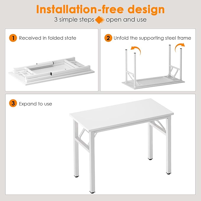 Need 31.5 Inch Folding Computer Desk for Small Spaces, White Study Foldable Writing Table for Home Office, Bedroom, Dorm Room & Student, No Assembly