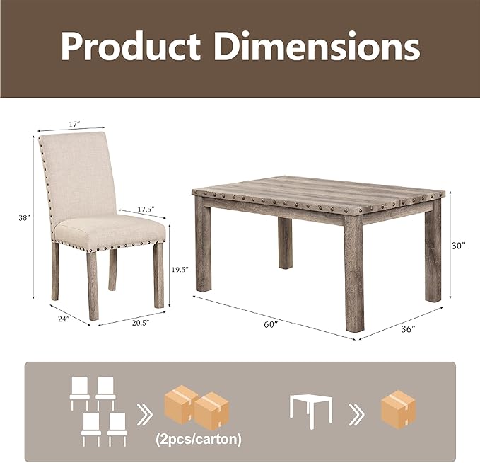 Morden Fort Farmhouse Dining Set for 4, 60" Rectangular Wooden Table & 4 Upholstered Chairs with Nailhead Accents, 5-Piece Kitchen Table Set for Dining Room, Breakfast Nook, Antique Rustic