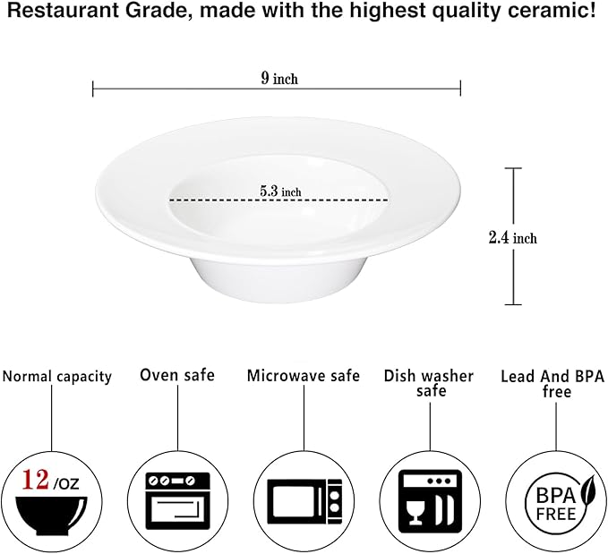 Soup Bowl Soup Plates with Rim 12 oz, Pasta Bowl Set of 4, White Shallow Bowl Plate, Ceramic Wide Rimmed Soup Bowl, Best choice for high-end restaurants, hotels, and foodies, 9 Inch