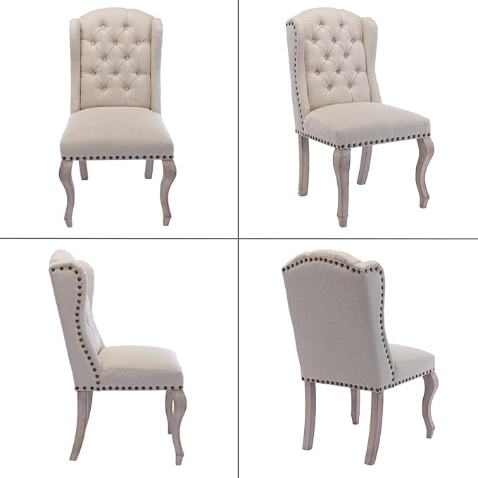 chairus Tufted Parsons Dining Chairs Set of 2, French Country Upholstered Dining Room Chairs with Nailhead Trim & Curved Wood Legs, Farmhouse High Back Armless Side Kitchen Chairs, Beige Linen