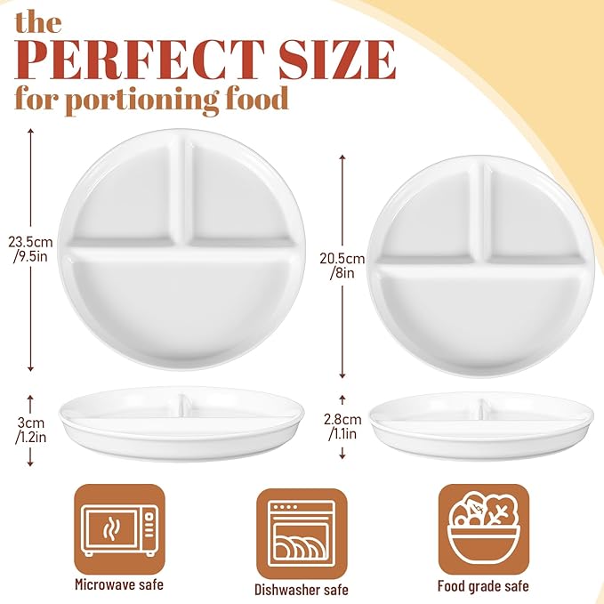 Lounsweer Set of 4 Pcs Portion Control Plate Ceramic Divided Bariatric Plates 3 Compartment Reusable Dinner Plates for Weight Loss Balanced Meal (9.5 Inch)