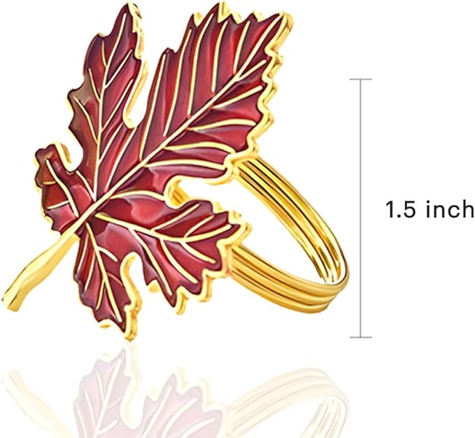 Decozen Set of 16 Red Gold Napkin Rings in Leaf Design, Festive, Table Decor Setting for Holiday, Wedding, Birthday, Kitchen, Home Decor, Housewarming Gift - Thanksgiving & Christmas Gift Decoration