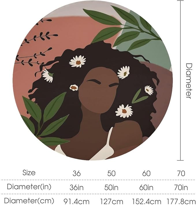 Bohemian Retro Mid Century Round Tablecloth, African Woman Girl Leaves Flower Tablecloth for Home Party Dining Room Kitchen Decor 50Inch(127cm)