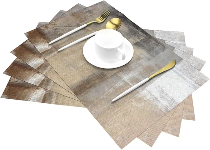 Placemats Set of 6 Taupe Grey Brown Place Mats Beige Ombre Modern Rustic Woven Table Mats Washable Abstract Art Print PVC Placemat for Dining Kitchen Decor Indoor Outdoor, 12 x 18 Inch