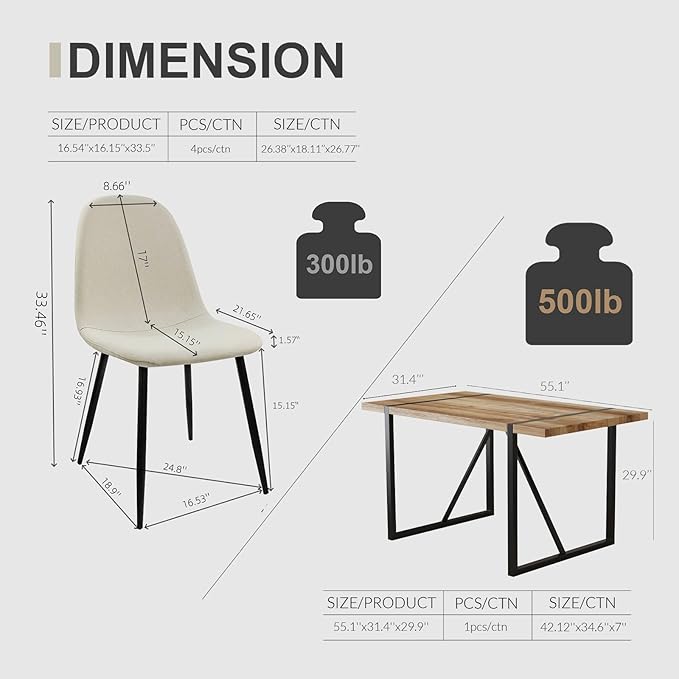Dining Table Set for 4, Modern Table and Chairs Set of 4, 5 Piece Dining Table Set Include Wooden Rectangle Kitchen Table and 4 Fabric Chairs Ideal for Kitchen Dining Room Easy to Assemble