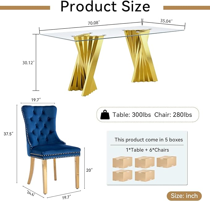 7 Piece Glass Dining Table Set,70" Dinner Room Glass Table Set for 6,Modern Kitchen Dinner Table Set with Stainless Steel Base and 6 Upholstered Velvet Dining Chairs for Living Dining Room
