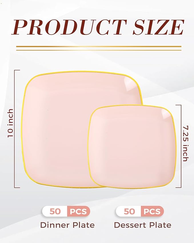 bUCLA 100PCS Pink Plastic Plates - Heavy Duty Square Pink and Gold Disposable - Include 50 Dinner 10 inch & 50 Dessert 7.25 inch Plates for Party & Valentines Day
