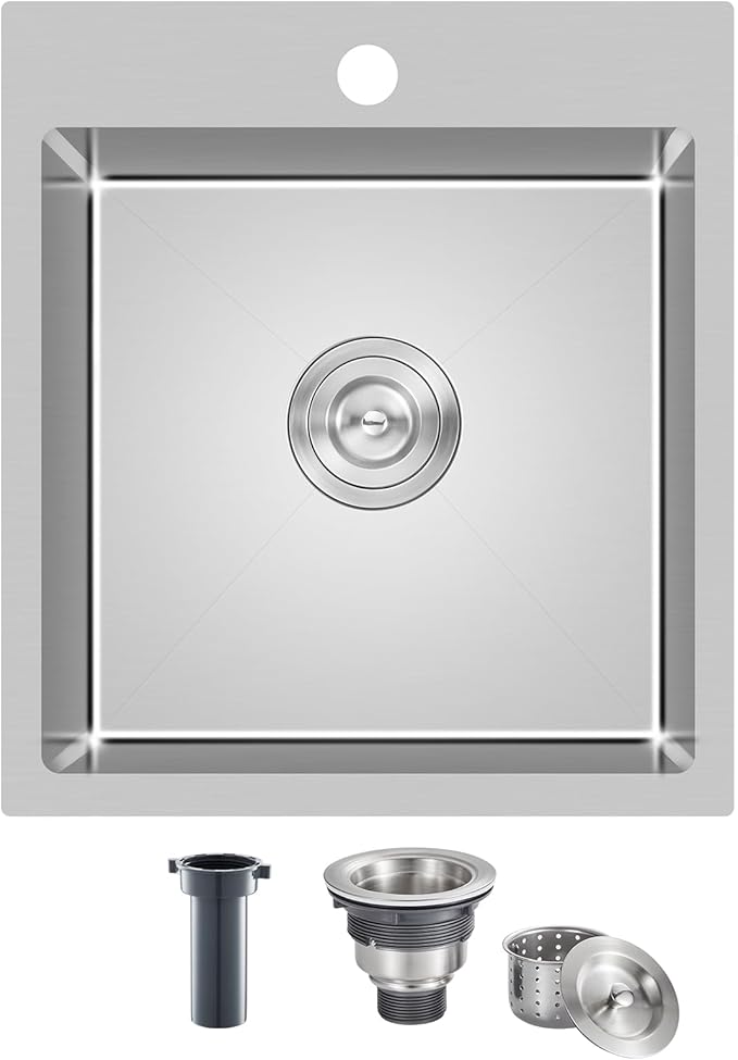 ROVATE 17 x 19 Inch Drop in Bar Sink Single Bowl, Topmount 304 Stainless Steel Small Kitchen Sink with 1 Hole, Handmade Overmount Wet Bar Prep Sinks with Basket Strainer