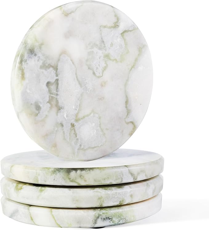 Koville Marble Coaster Set of 4, Round White Coasters, 4" Cup Coasters for Drinks, Heat Resistant Coaster for Coffee Table Home Office Bar Decor(Bianco Palomino)