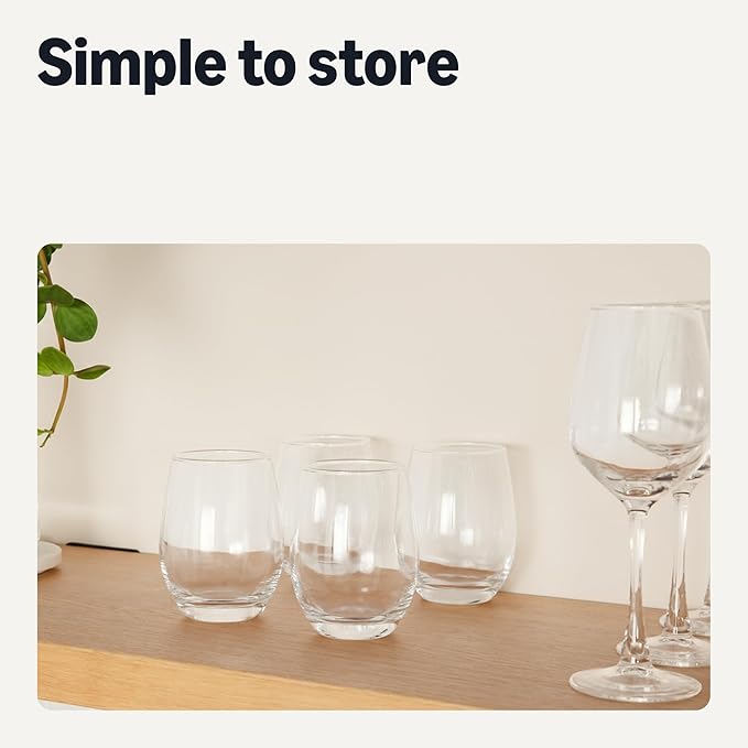 Amazon Basics Stemless Red Wine Glasses, 4-Piece Set, 18 oz., Dishwasher-Safe